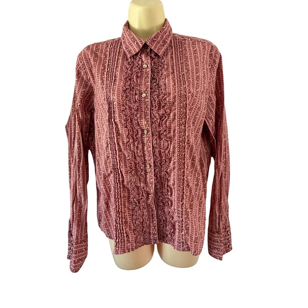 Lee Vintage Pink Prairie Print Ruffle Front Blouse Size Large Button Up Western